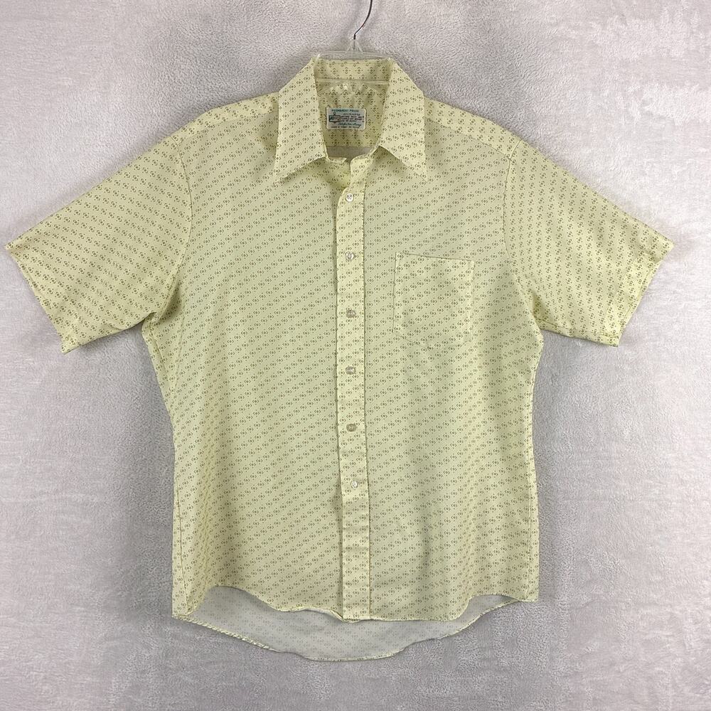 VTG Kmart Disco Shirt Men L Yellow Brown Geo AOP Dagger Collar Retro Preppy 70s